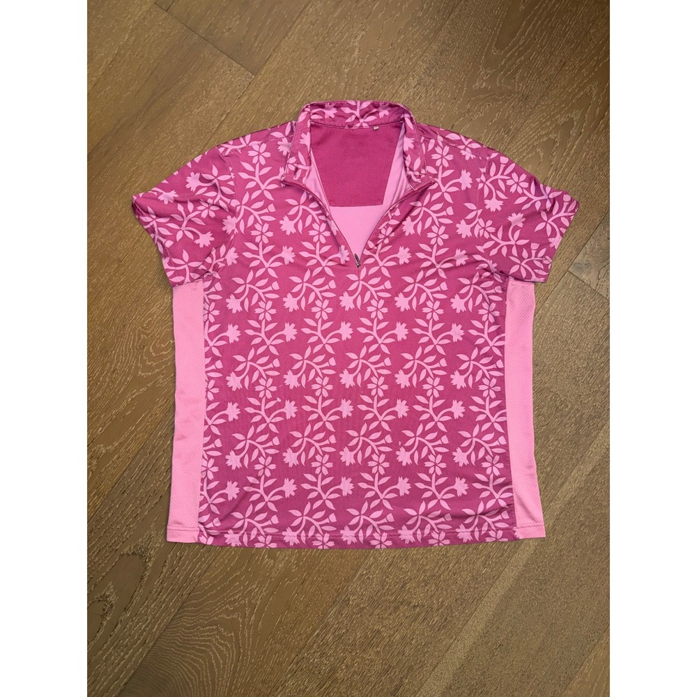 Adidas Womens Golf Polo Shirt Pink Floral Quarter Zip Mesh Panel XL‎